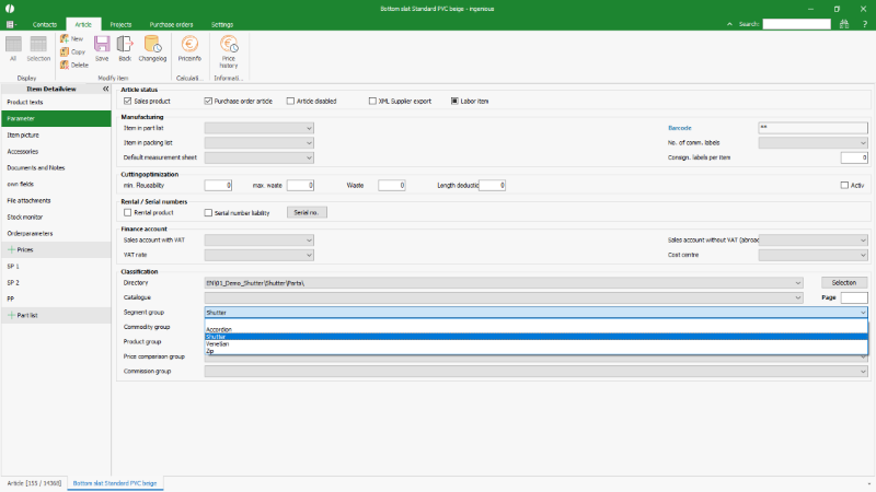 Example selection list in the article data