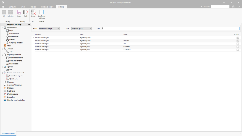 Configuration of the selection list e.g. the segment group