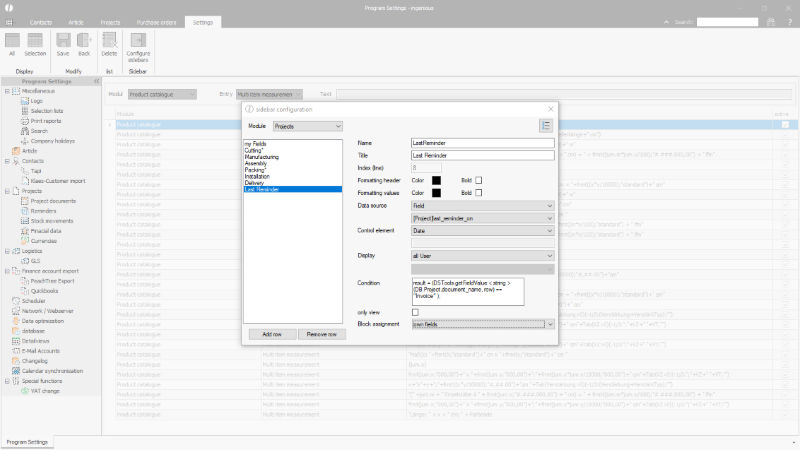 Example configuration of a sidebar for projects