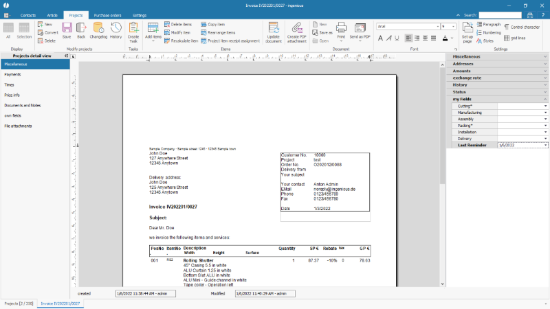 Example sidebar in the projects detail view
